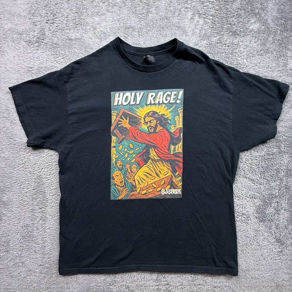 Holy Rage Funny Cool Jesus Tee Shirt Mens XL Black Crew Neck Graphic Tee